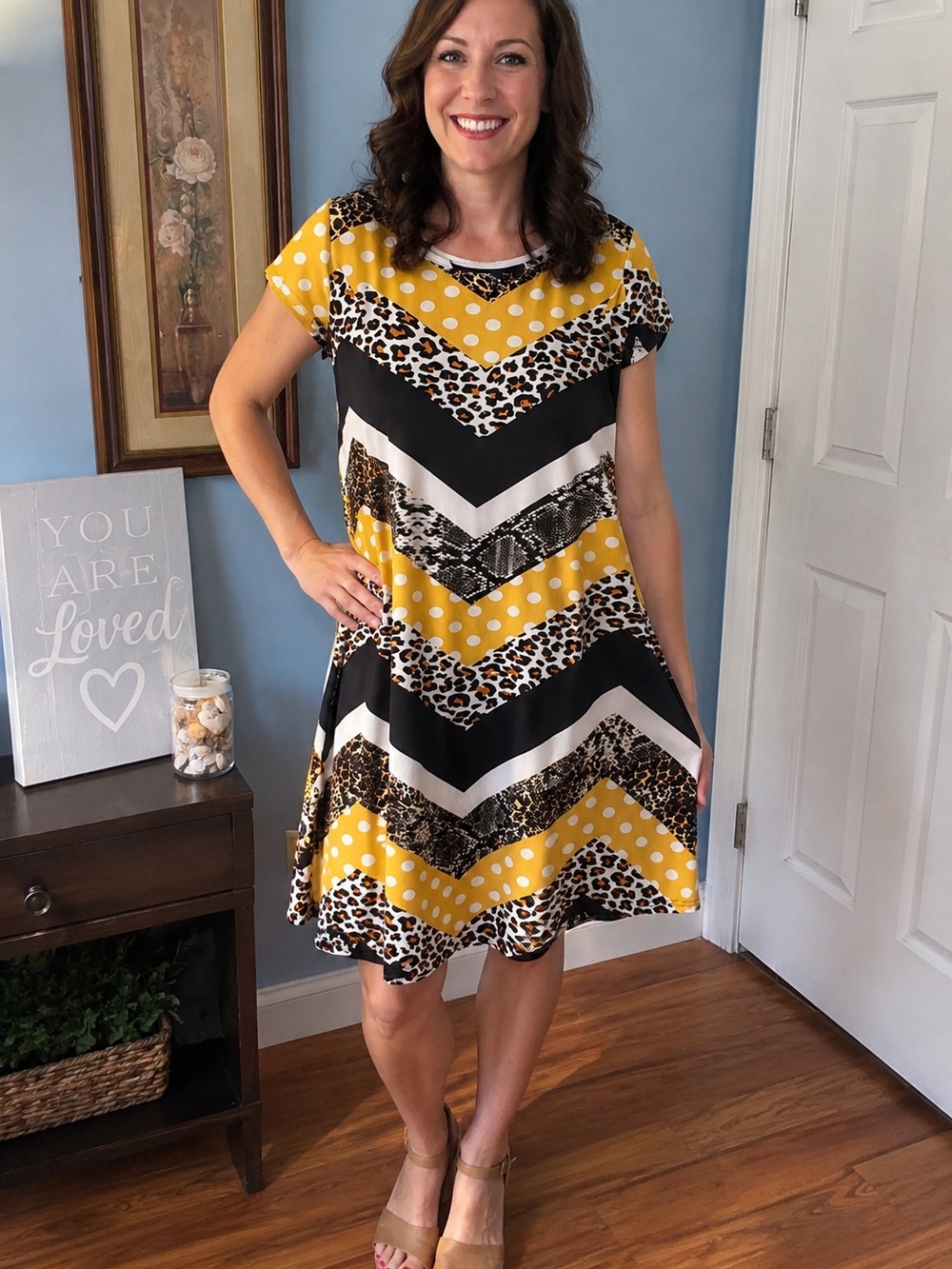 Yellow, Black & White Mixed-Print Short Sleeve Midi Dress A-Line Swing